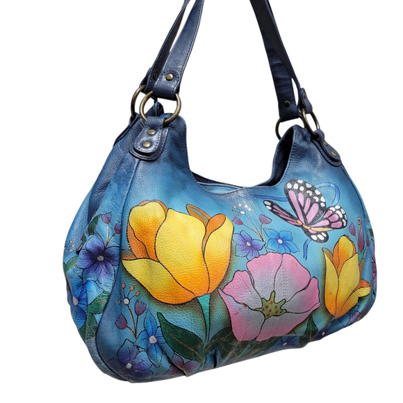 Anuschka Large Butterfly & Flowers Hand Painted Genuine Leather Shoulder Bag - Picture 2 of 14